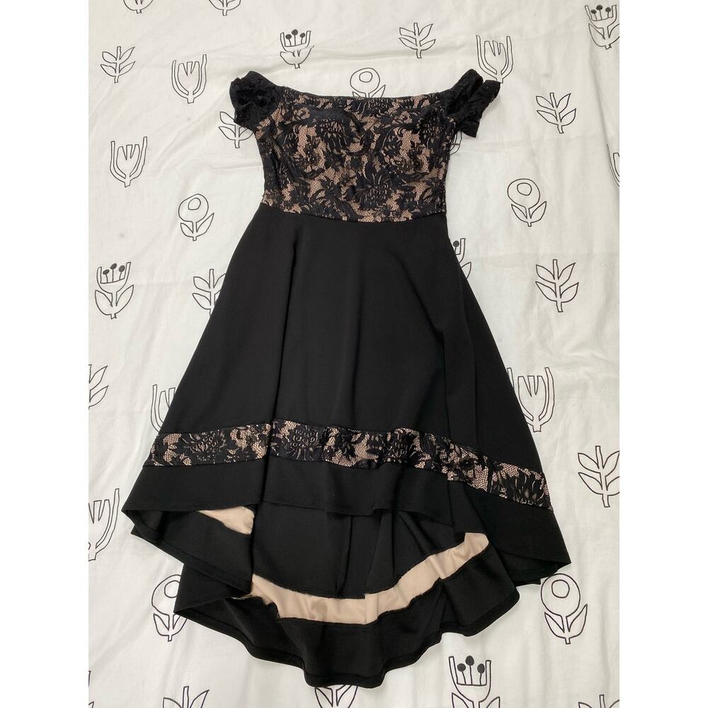 City Studio Black and Cream Formal Asymmetric Dress with Lace